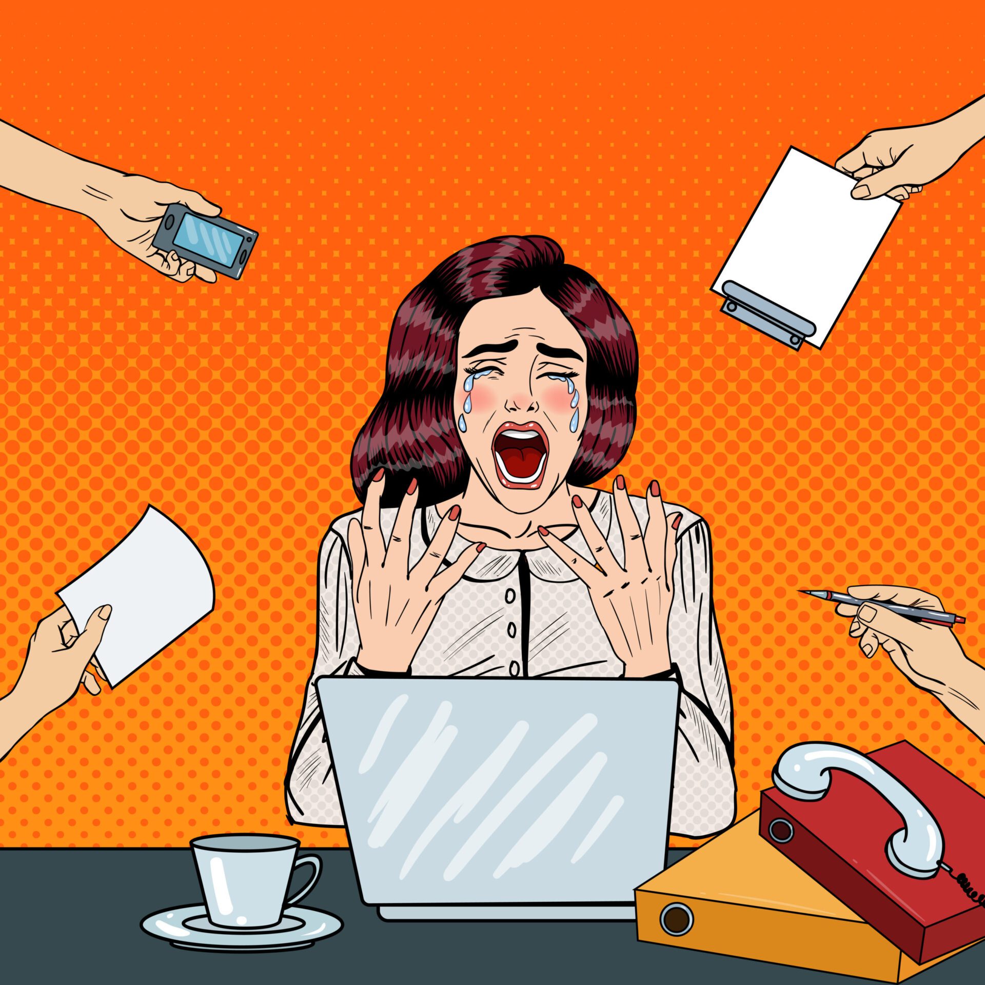 Pop Art Crying Stressed Business Woman Screaming at Multi Tasking Office Work. Vector illustration